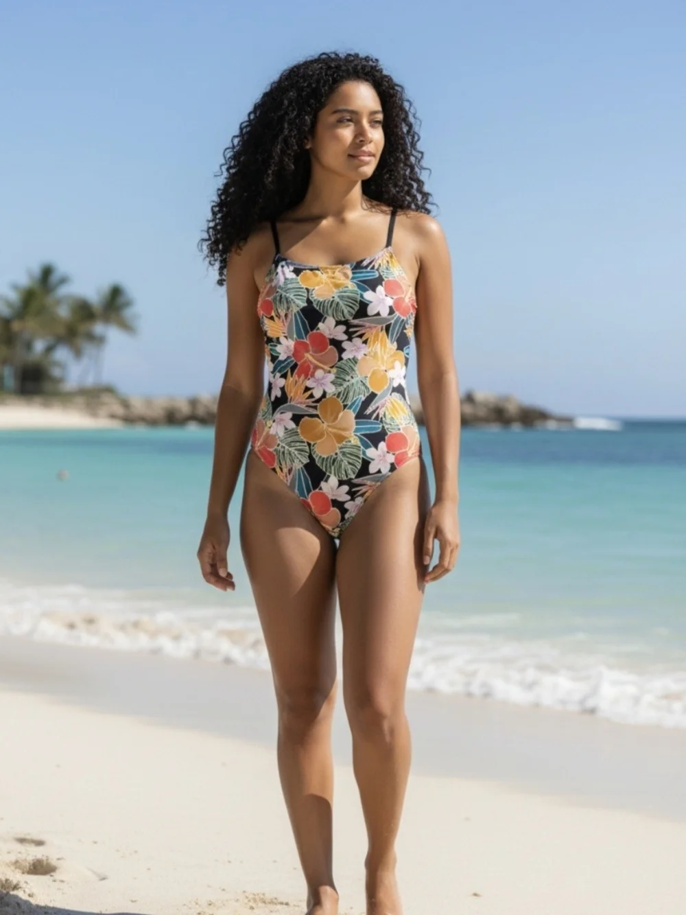 Hurley Black-Strap One-Piece Swimsuit with Blush Lining and Multicolor Trim